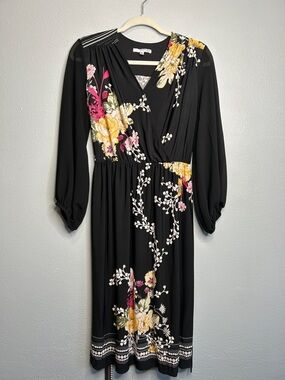 Studio One Black Floral Wrap-Style Midi Dress with Yellow & Pink Blooms. Size M